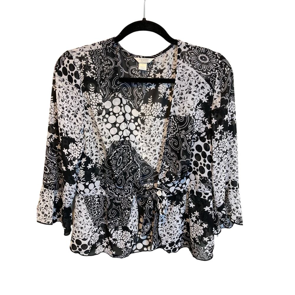 Christopher & Banks Sheer Tie Black and White Patch Work Floral Blouse Size M